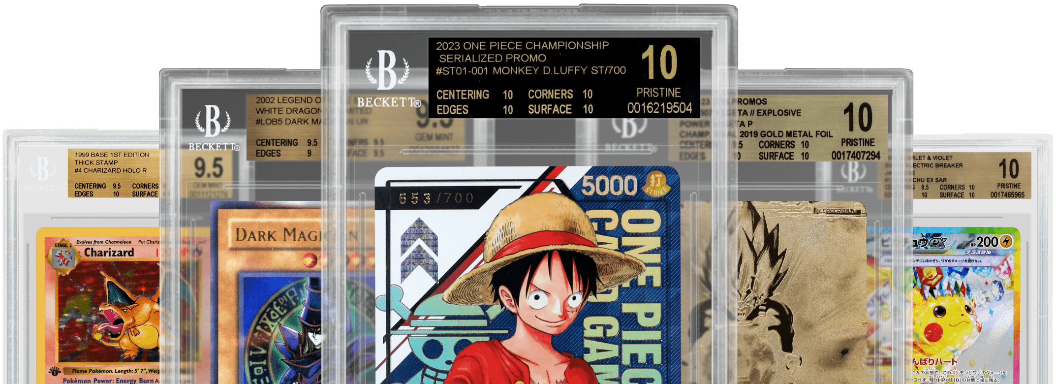 Carte gradate BGS - Charizard, Dark Magician, Luffy, Pikachu con voti 9.5 e 10 Pristine